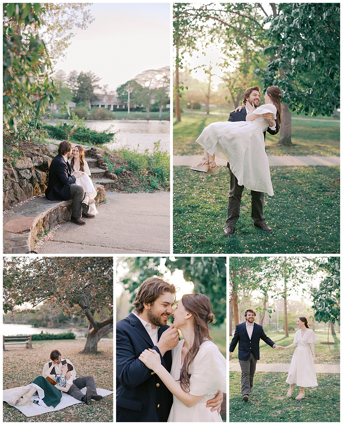 Christie and Kyle walking through Divine Park engagement session with Pride and Prejudice golden hour vibes in Spring Lake NJ