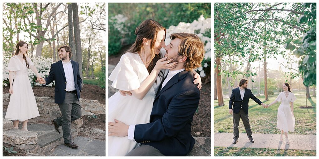 Divine Park engagement session bathed in warm golden hour light with the lake in the background