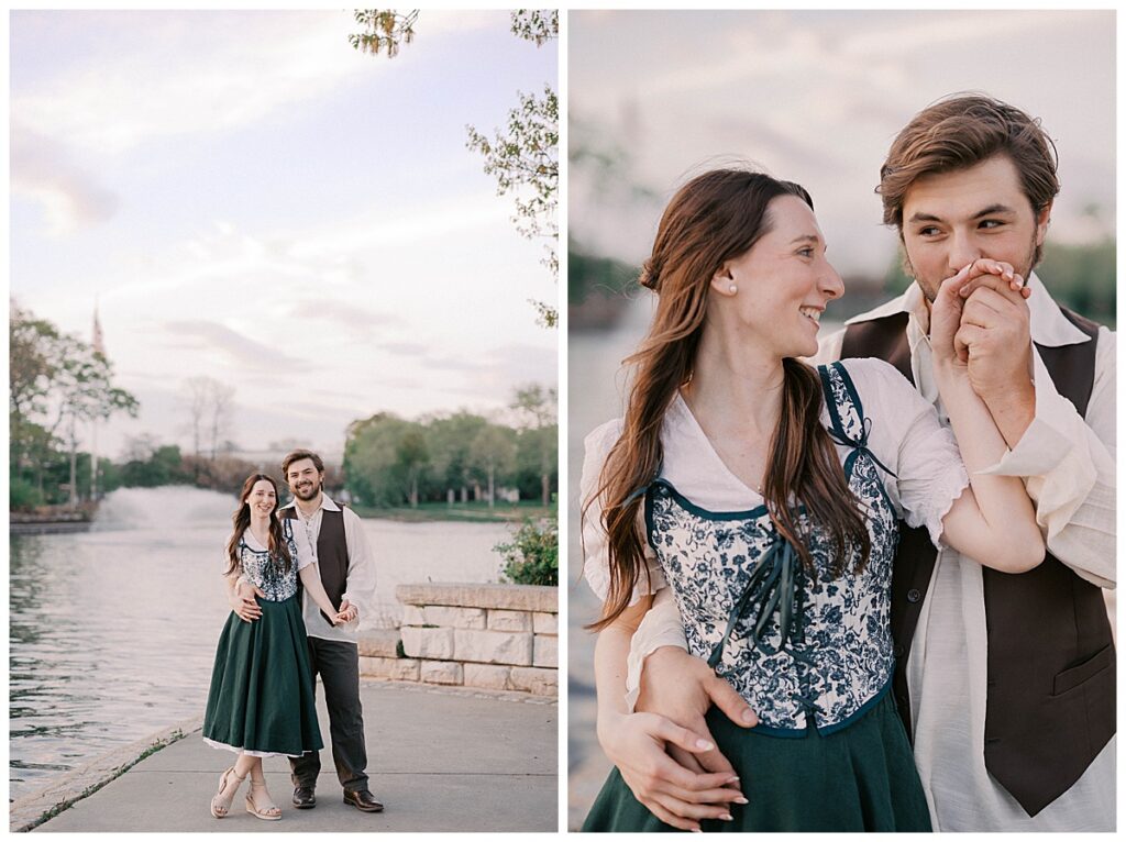 Romantic Spring Lake NJ engagement session with soft amber light filtering through the trees