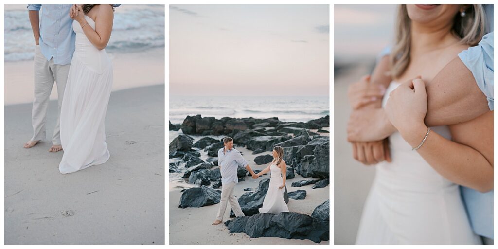 Amanda in her casual short dress during the second look of their Sea Girt beach engagement session