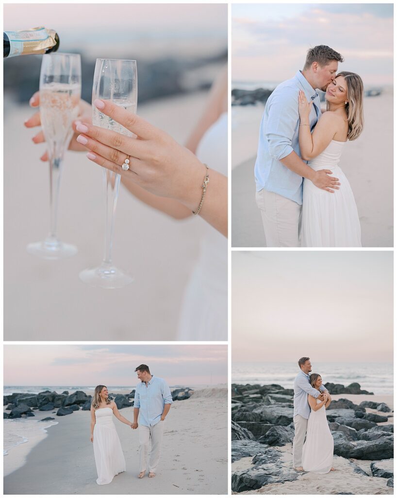 Peter and Amanda walking hand in hand along the Sea Girt shoreline during their engagement session