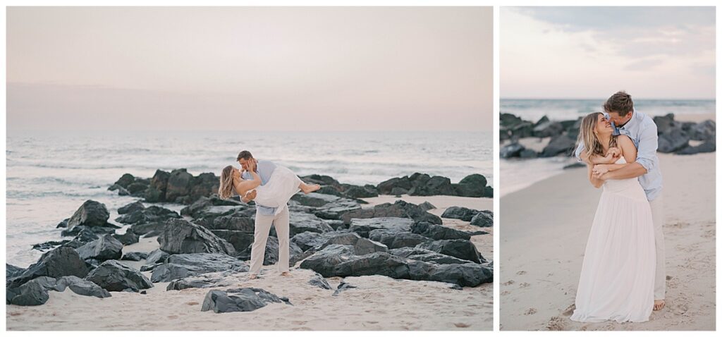 Couple posing with the Atlantic Ocean as backdrop during their Sea Girt NJ engagement session