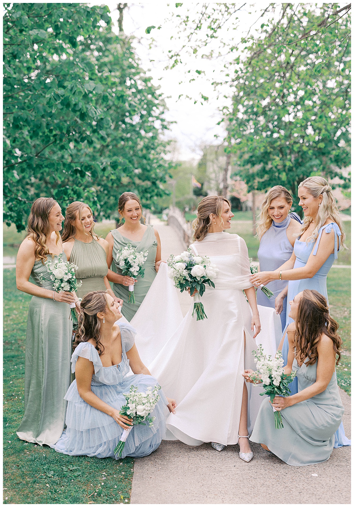 Spring Lake wedding bridesmaids in mismatched green and blue dresses