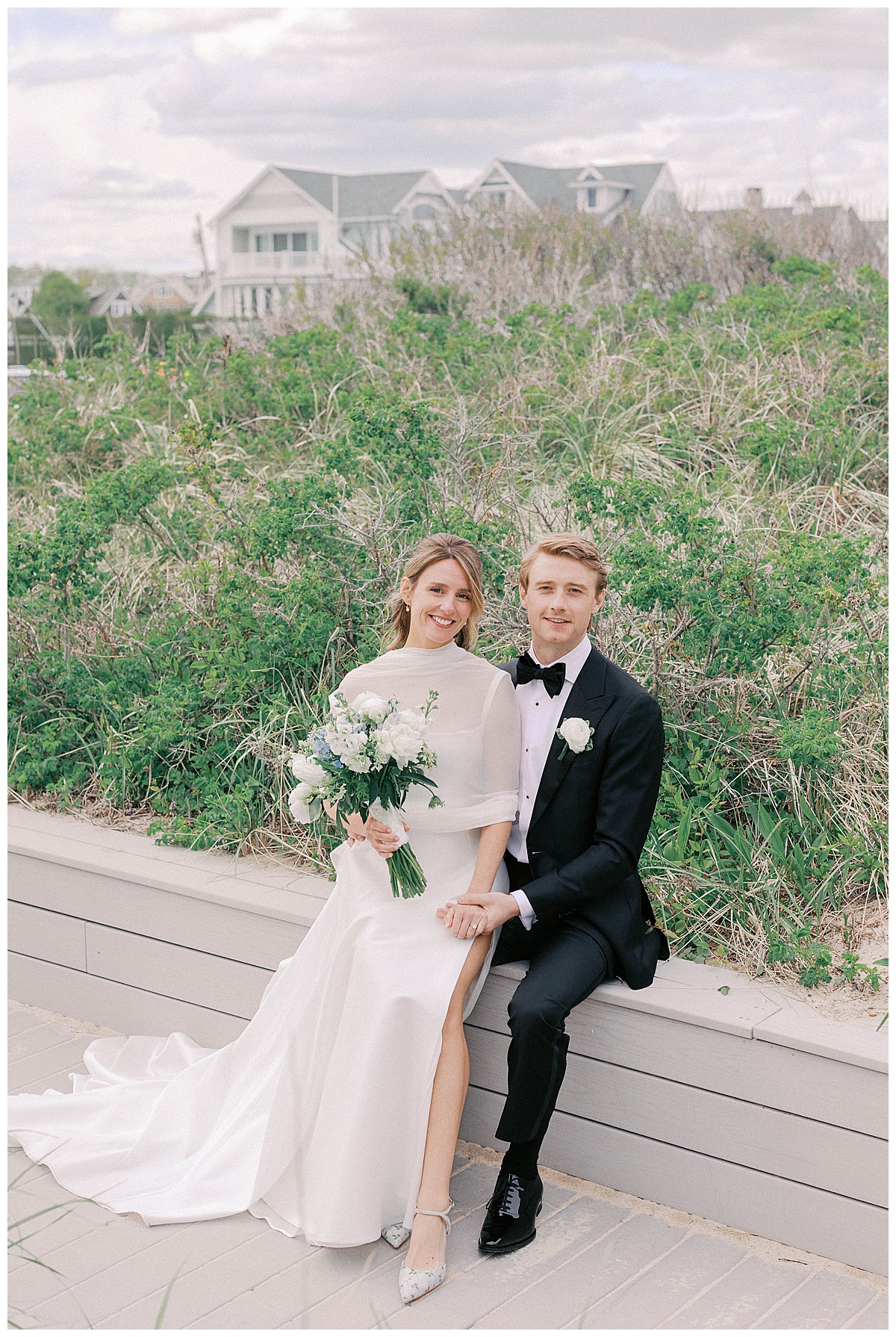 bride and groom sitting down at bath and tennis club 