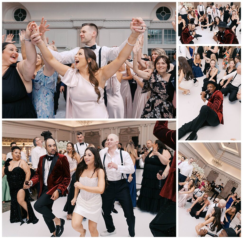 Shot from above the dance floor looking down at couples and solo dancers in motion — Park Chateau wedding photos
