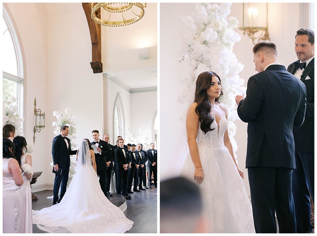 Wide shot of the ceremony from the back, aisle stretching toward the altar and open sky